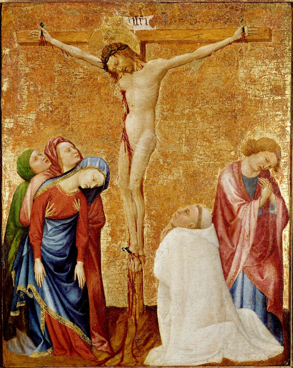 Kálvária a karthauzi szerzeteshez. A három szűz és Szent János veszi körül a keresztet. Egy karthauzi szerzetes térdel Krisztus lábánál. Jean de Beaumetz (1361-1396) festménye alkotó: Jean de Beaumetz