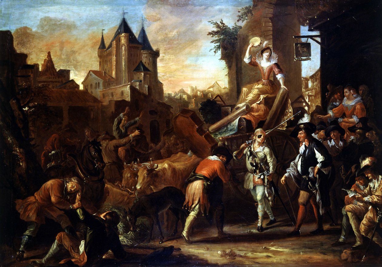 A komikusok érkezése a Le Mans-i festményre, amely Paul Scarron (1610-1660) „The Comic Roman” című festményét illusztrálja. Jean-Baptiste (Jean Baptiste) Coulom (vagy Coulon) festménye (kb. 1695-1735) alkotó: Jean de Coulom
