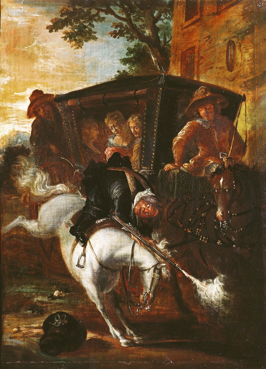 Ragotin muskétával a hátán felkapaszkodik a lovára, hogy elkísérje a társulatot, Paul Scarron (1610-60) „Roman Comique” című művéből, 1712-16 alkotó: Jean de Coulom