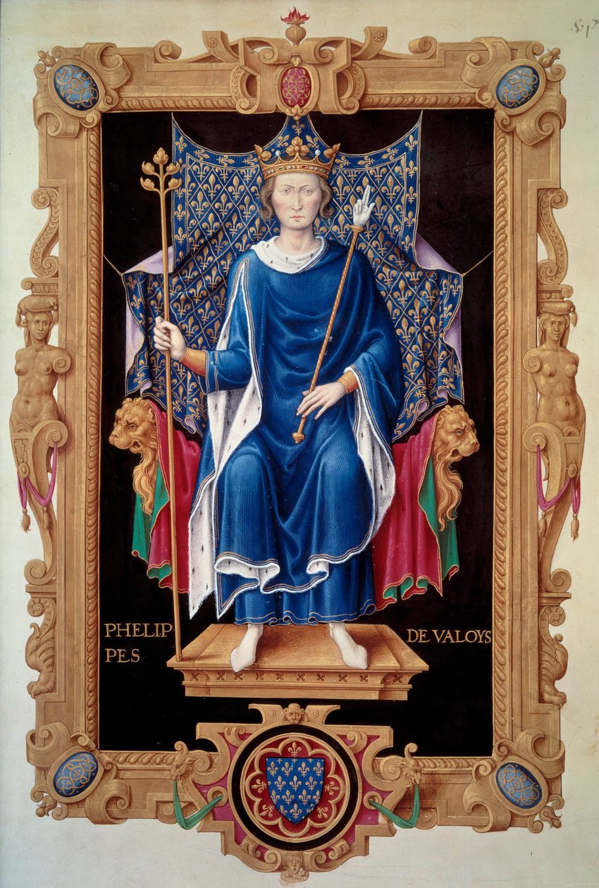 VI. Fülöp Valois király (1293-1350) portréja lábán. Jean du Tillet (1484-1520) miniatúrája a „Recueil des kings de France” című 16. századi Párizsban, B.N. alkotó: Jean du Tillet