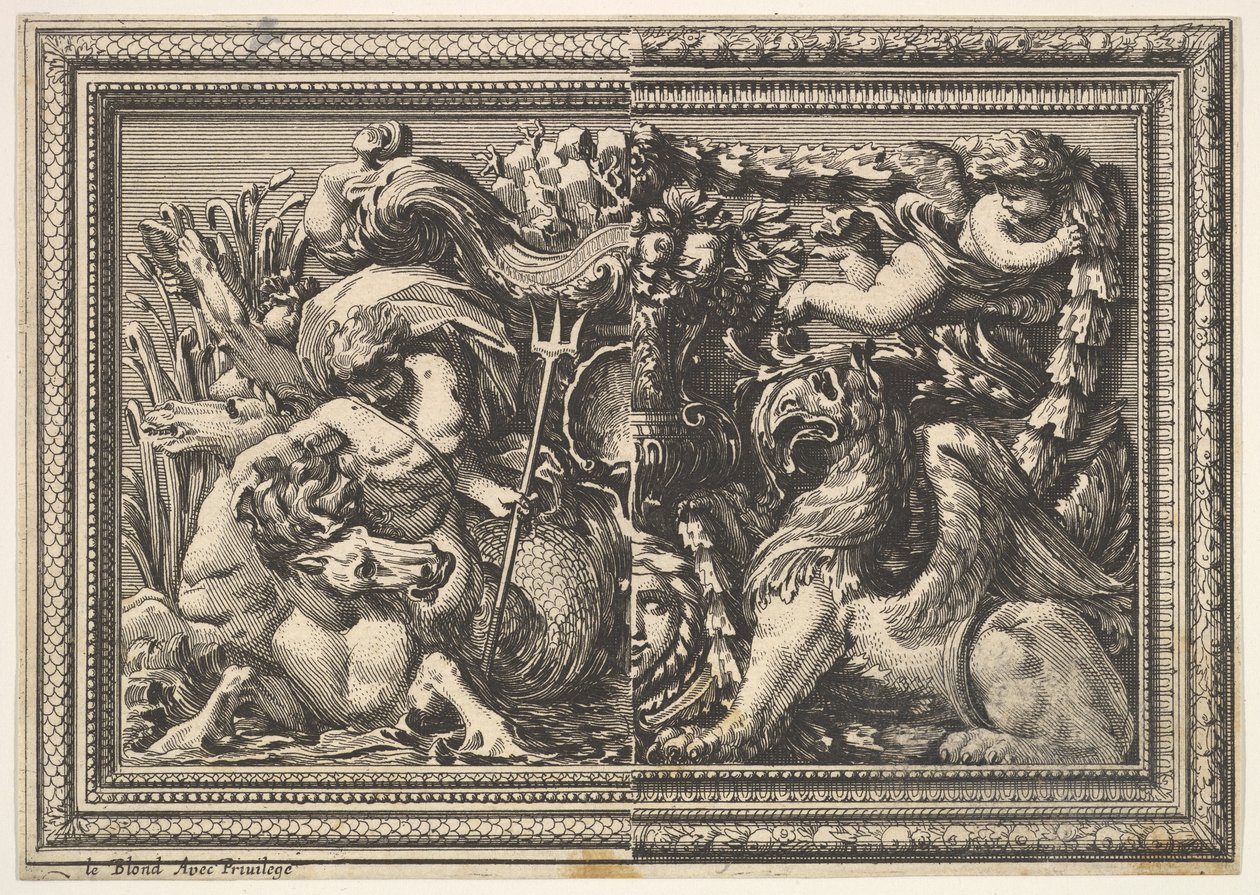 Tervezés egy hippocampot és egy griffint tartalmazó két változatú panelhez, innen: Ornements..., 1651. alkotó: Jean le Pautre