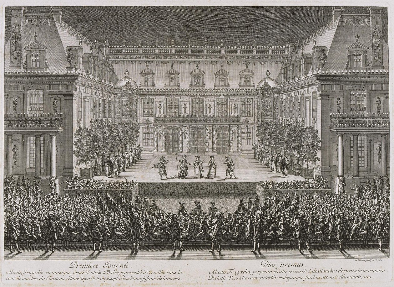 Jean-Baptiste Lully Alceste című operáját a Versail-palota márványudvarában játsszák alkotó: Jean le Pautre