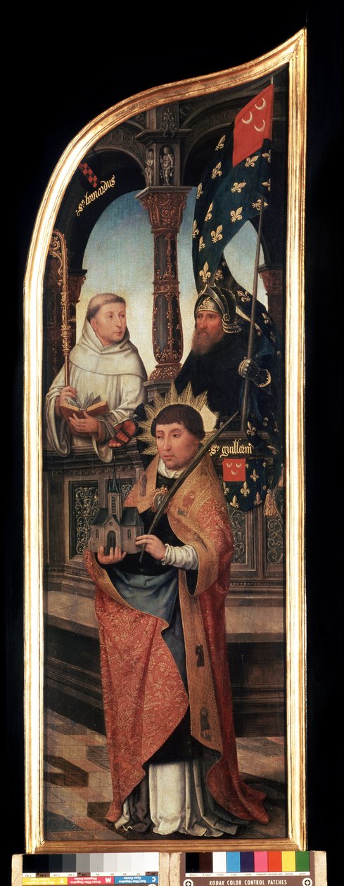 ""Brüsszeli Szent Vilmos, Clairvaux-i Szent Bernát (San Bernardo di Chiaravalle) ábrázolása"" Az Angyali üdvözlet triptichonjának jobb oldali panele (Az angyali üdvözlet). Idősebb Jean Bellegambe (1470-1534) festménye fára Szentpétervár, m alkotó: Jean the Elder Bellegambe
