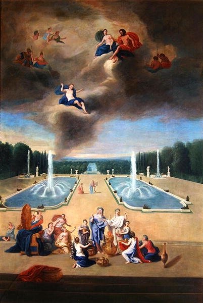 Versailles-i ligetek. Kilátás a vízi parterre és az állatok szekrényeire, papnőkkel, akik áldozatot készítenek a Vénuszért alkotó: Jean the Younger Cotelle
