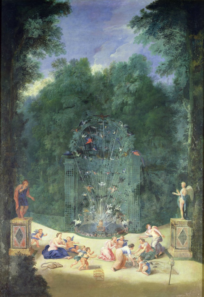 Versailles ligetek: Kilátás a labirintus bejáratára madarakkal, nimfákkal és kerubokkal, 1688 alkotó: Jean the Younger Cotelle