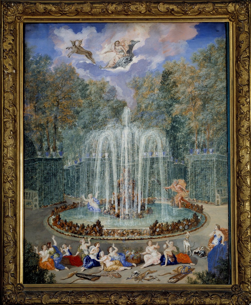 Kilátás a csillag ligetére vagy vízhegyre a versailles-i kertben, ahol Alphee üldözi Arethuse-t, és az égen, Diane vezeti a szekerét, Jean Cotelle, a Jeune (1645-1708) festménye, 17. század, Dim 2,01 x1, 37 m - Kilátás a ligetre alkotó: Jean the Younger Cotelle