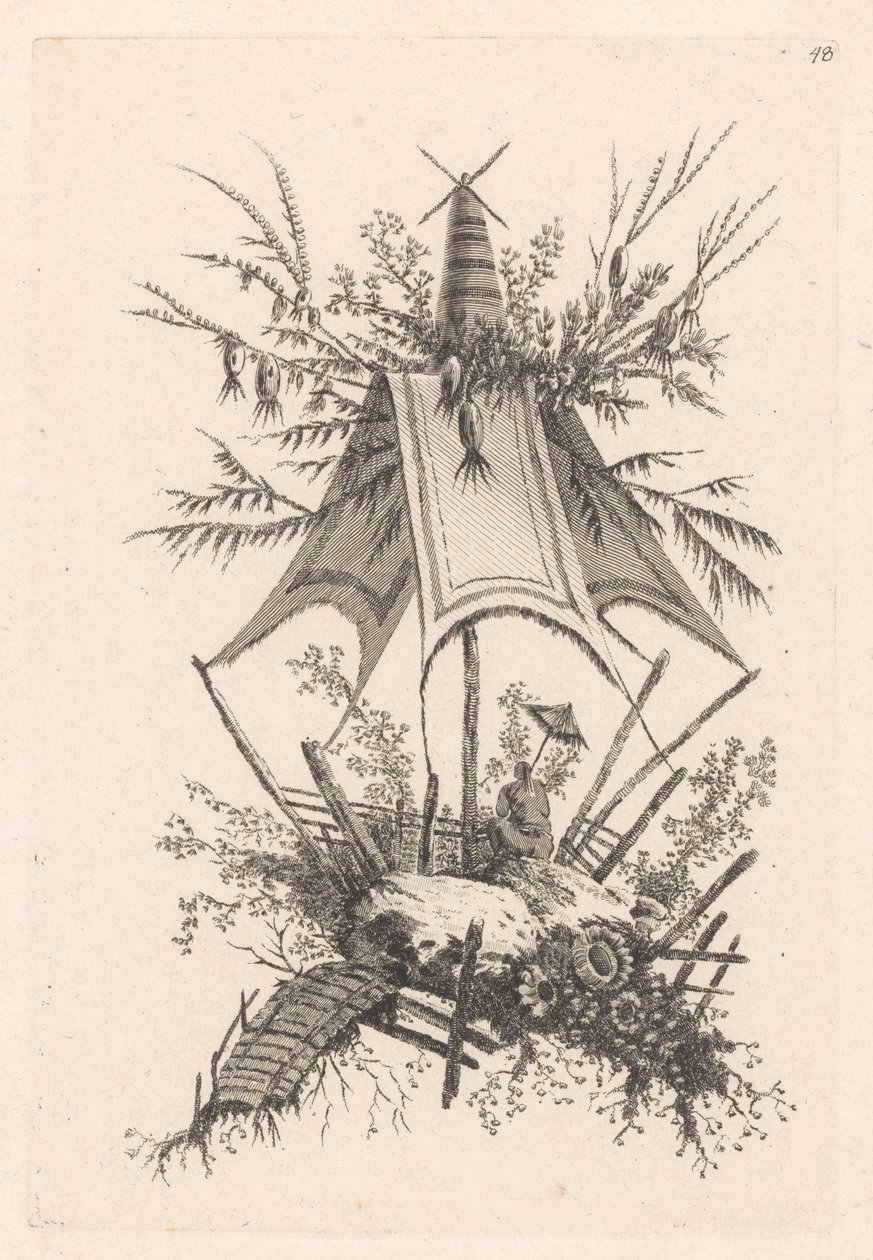 Man met parasol onder tent Recueil des Tentes Chinoises (series title)   1381511   hu       hungarian Successfully Translated  Original: Frontispiece for an Album of Drawings: Peasants at a Fountain (recto) Sketch of Peasants at a Fountain (verso) Translat alkotó: Jeanne Deny