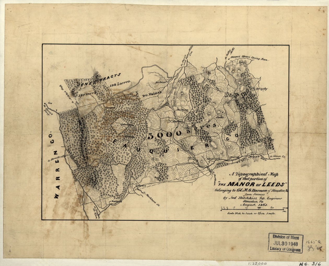 A "The Manor of Leeds" azon részének topográfiai térképe, amely M.G. Harman ezredesé volt Stauntonból, Va. LOC 2005625200 alkotó: Jedediah Hotchkiss