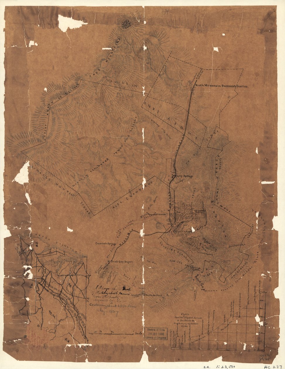 Az Elizabeth Furnace vasbirtok topográfiai térképe, Augusta Co., Va., kb. 6250 hold, 1867. aug. LOC 2005625144 alkotó: Jedediah Hotchkiss