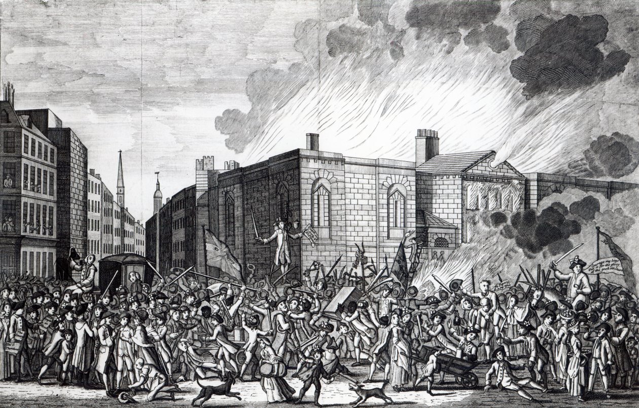 Newgate felgyújtásának, kifosztásának és elpusztításának pontos ábrázolása a zavargók által emlékezetes 1780. június 7-én, Henry Roberts metszete, 1781 alkotó: Jefferyes Hammett O