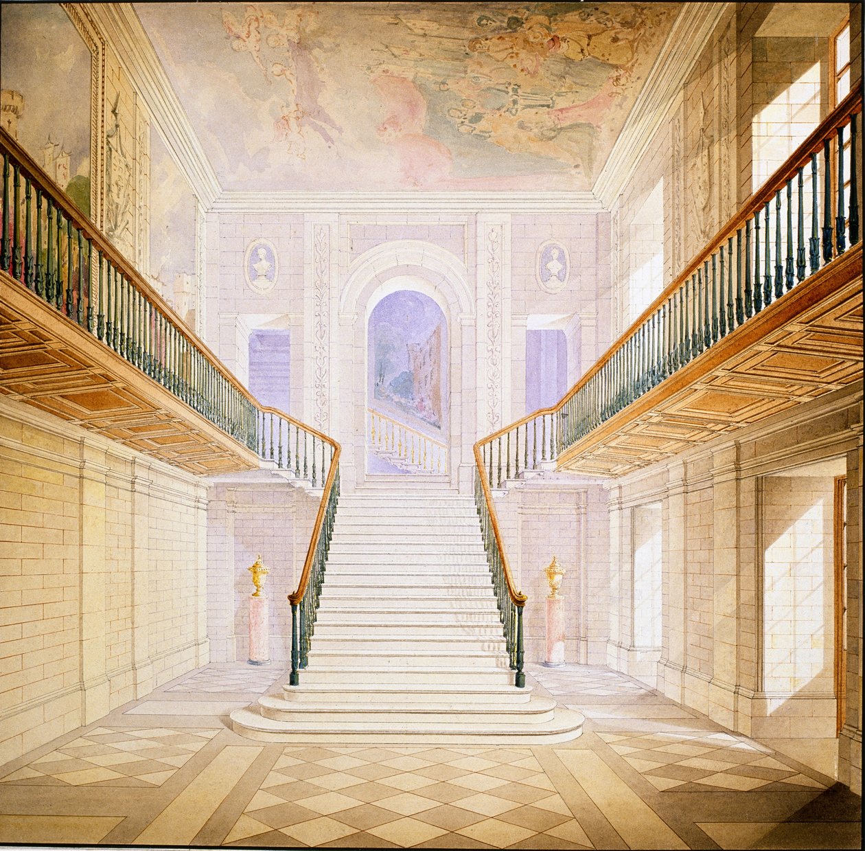 Lépcső kialakítása a Painted Hallban, Chatsworth (akvarell papíron) alkotó: Jeffry Wyatville