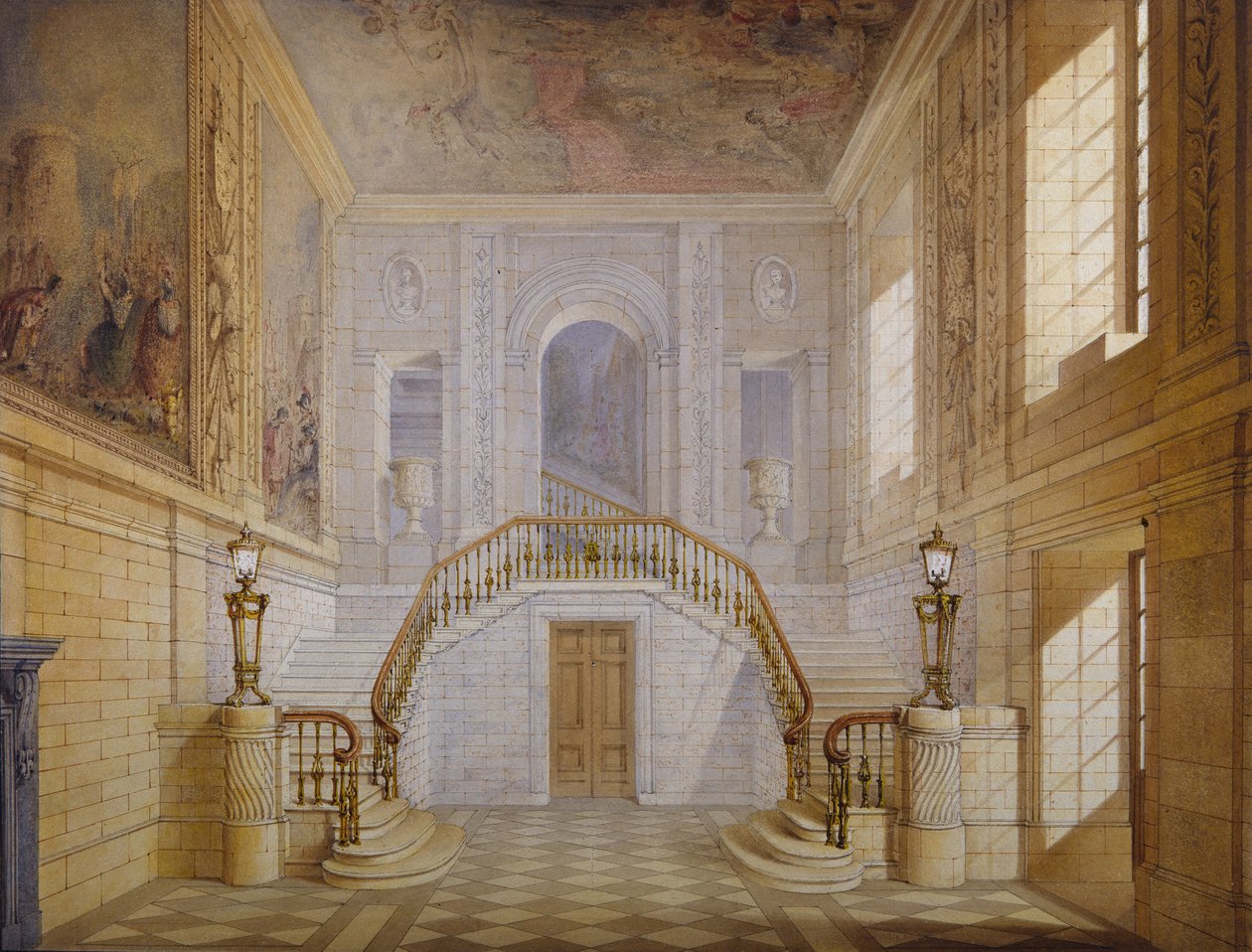 Lépcső kialakítása a Painted Hallban, Chatsworth (akvarell papíron) alkotó: Jeffry Wyatville