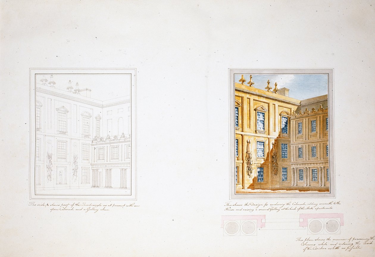 Tervezés a Chatsworth-i belső udvarhoz (akvarell papíron) alkotó: Jeffry Wyatville
