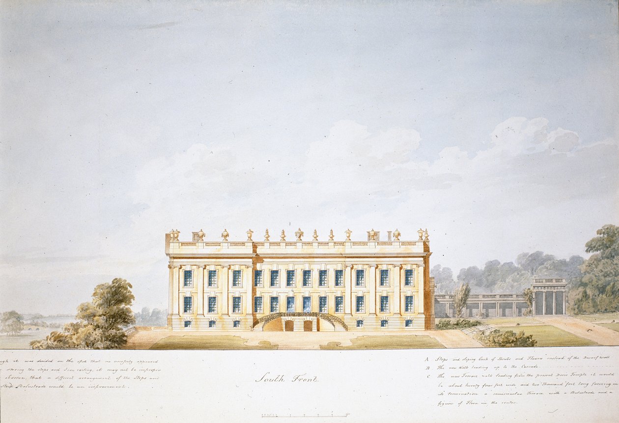 Tervezés a déli fronthoz, Chatsworth House (akvarell papíron) alkotó: Jeffry Wyatville