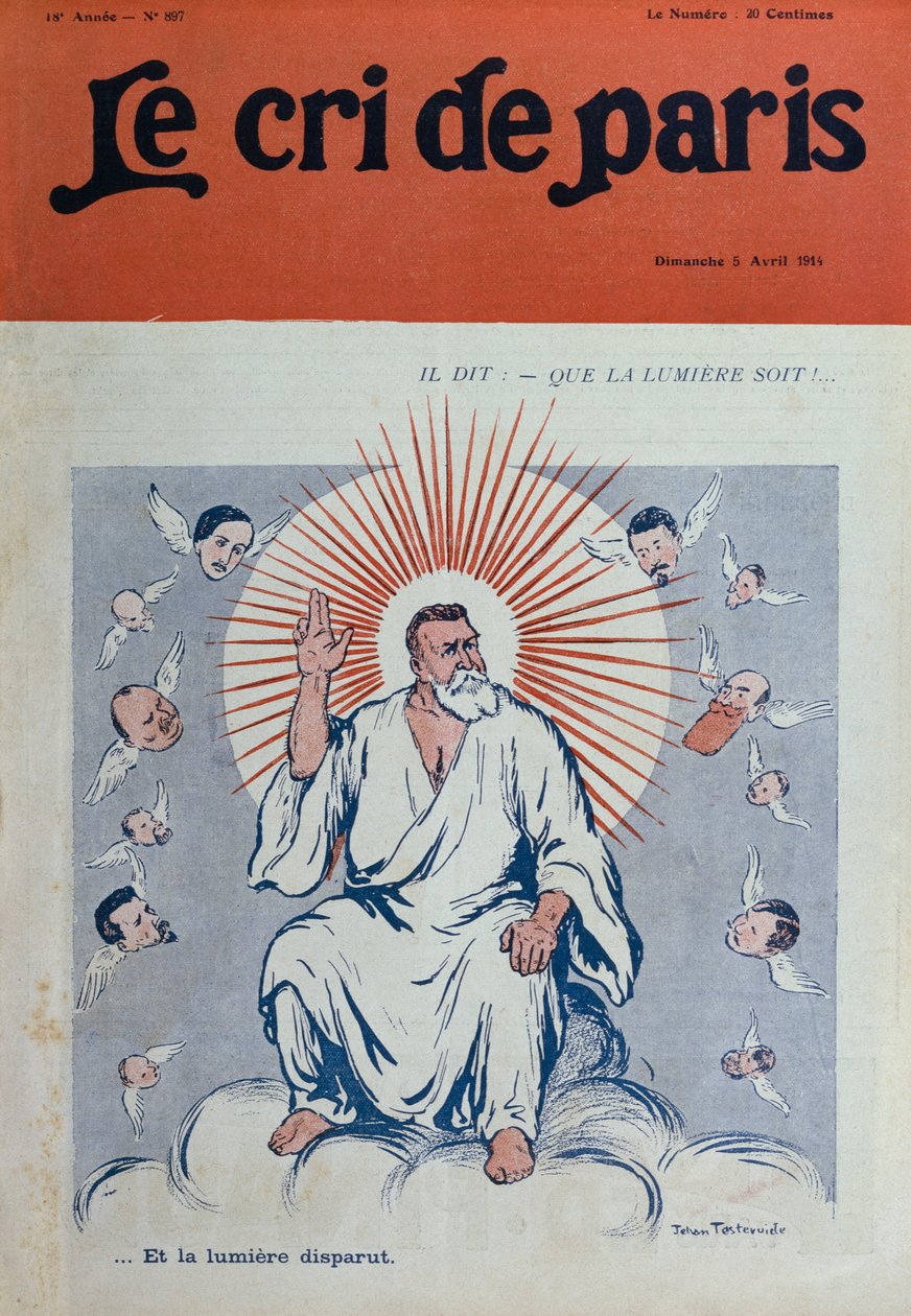 Jean Jaures karikatúrája, mint Isten, az Atya, az első borító illusztrációja a „Le Cri de Paris”-ból, 1914. április 5. alkotó: Jehan Testevuide