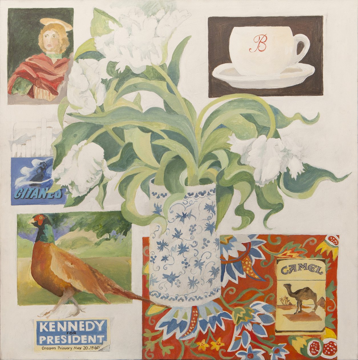 Ephemera, többek között kávéscsésze, cigarettás dobozok; képeslap és tulipánok alkotó: Jennifer Abbott