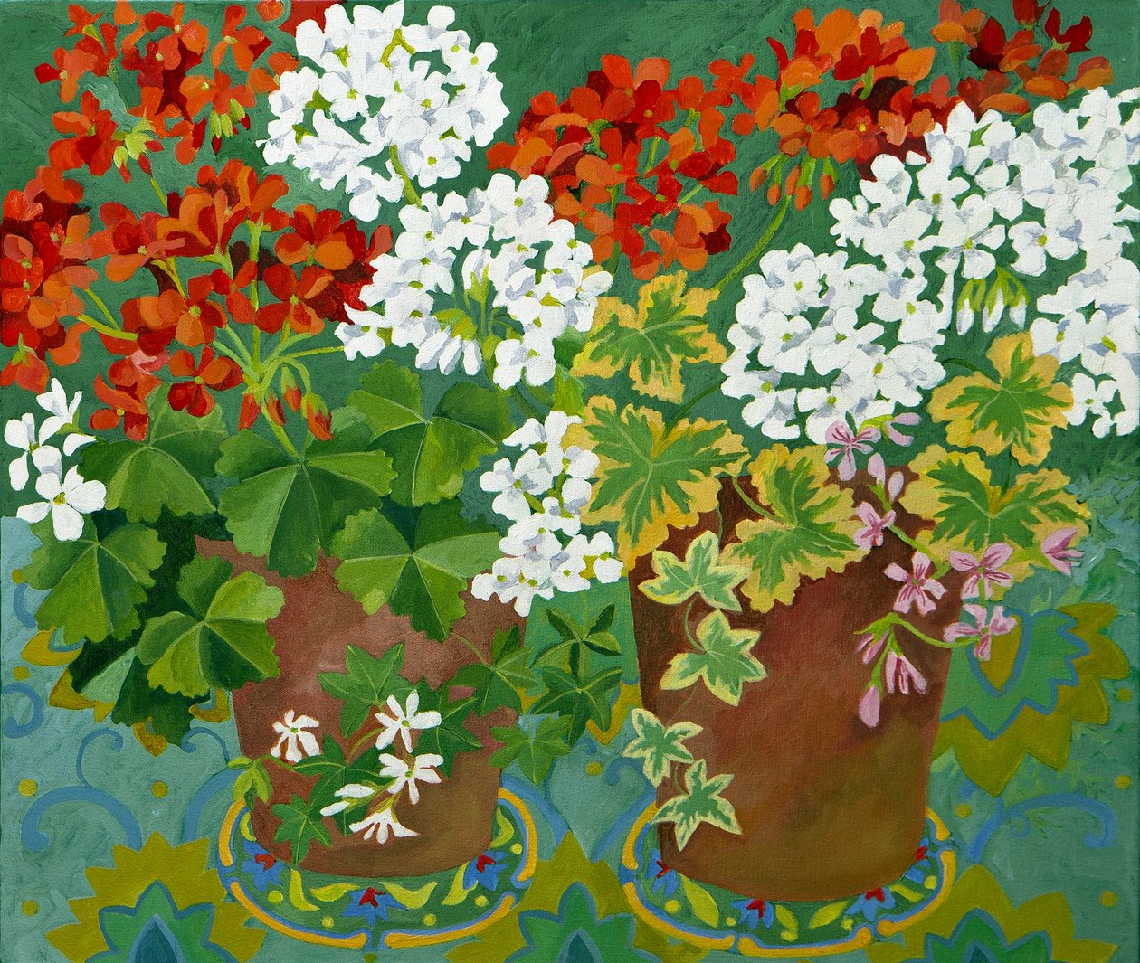 Piros és fehér muskátlik cserépben, 2013 (akril, vászon) alkotó: Jennifer Abbott