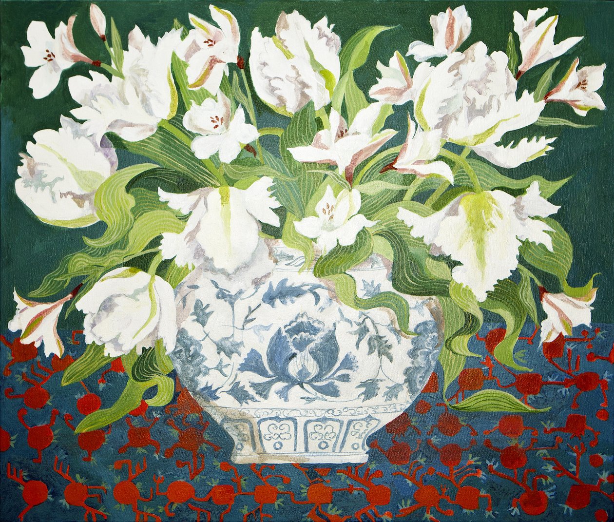 Fehér dupla tulipánok és alstroemeriák, 2013 (akril, vászon) alkotó: Jennifer Abbott