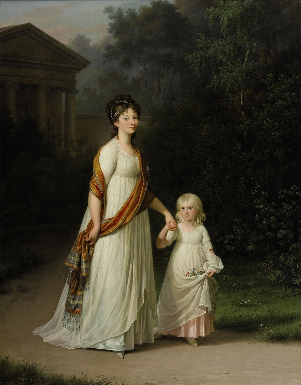Marie Sophie Frederikke koronahercegnő és lánya, Caroline hercegnő egy romantikus parkban sétálgatnak alkotó: Jens Juel