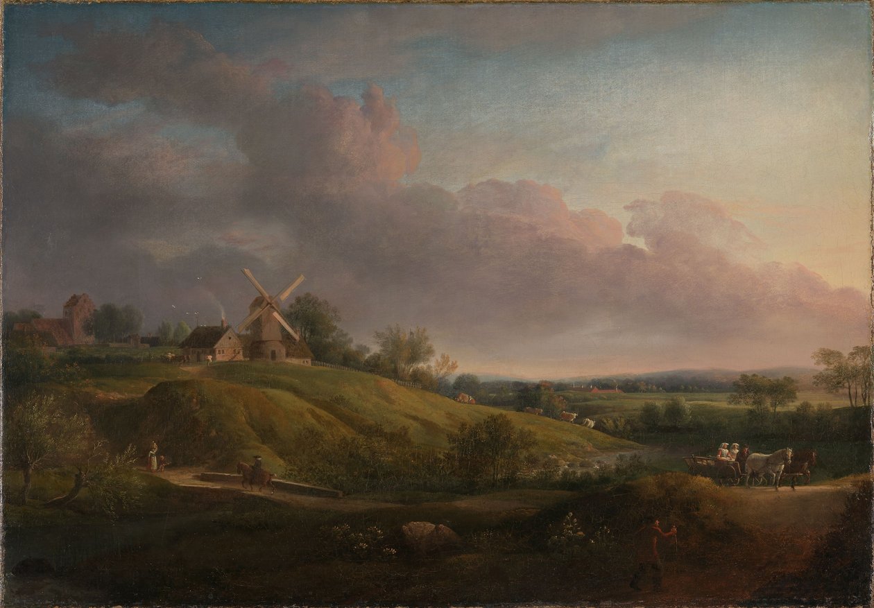 Tájkép templommal és malommal alkotó: Jens Juel