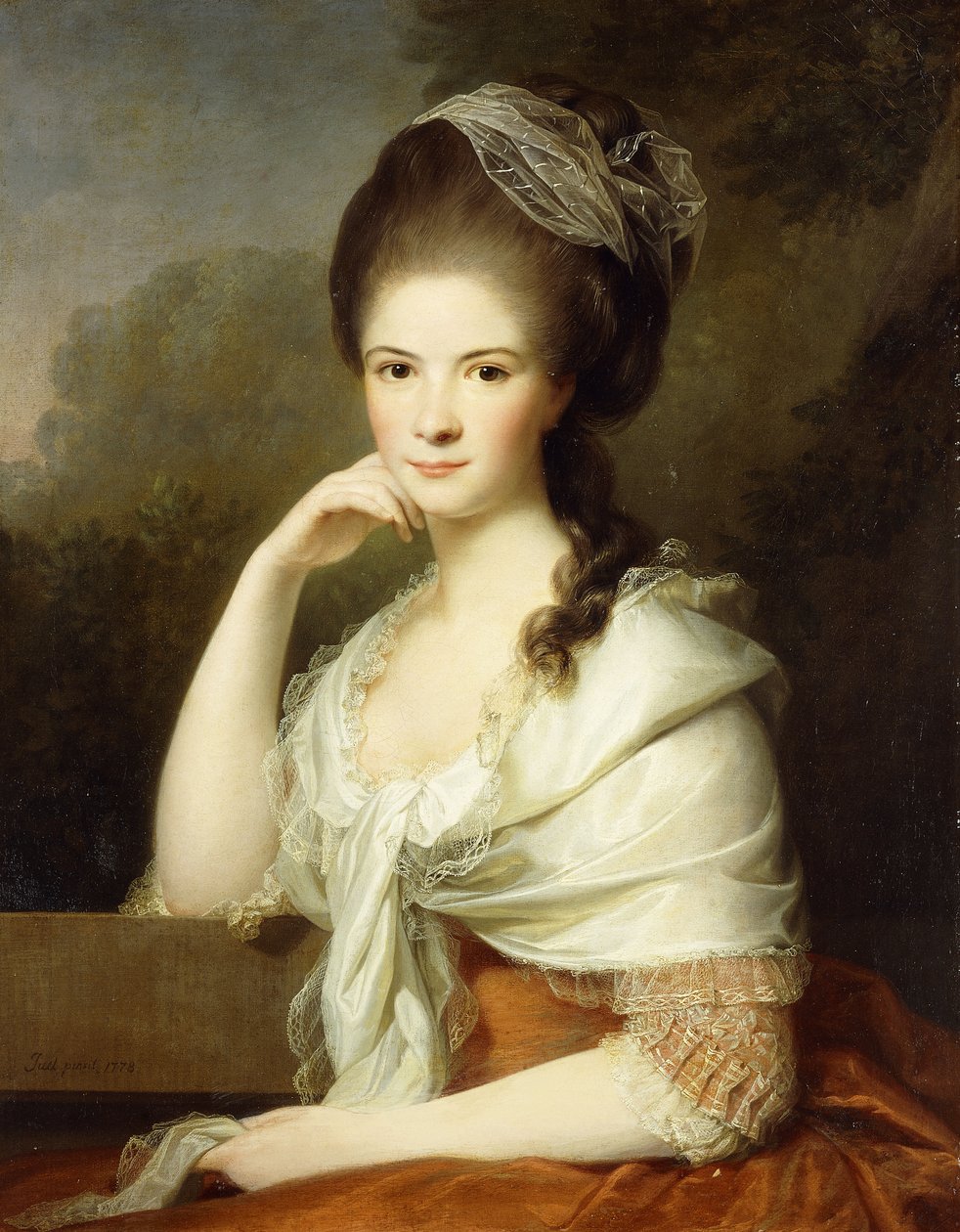 Félhosszúságban ülő hölgy portréja, barna ruhát és fehér kendőt visel, 1778 alkotó: Jens Juel