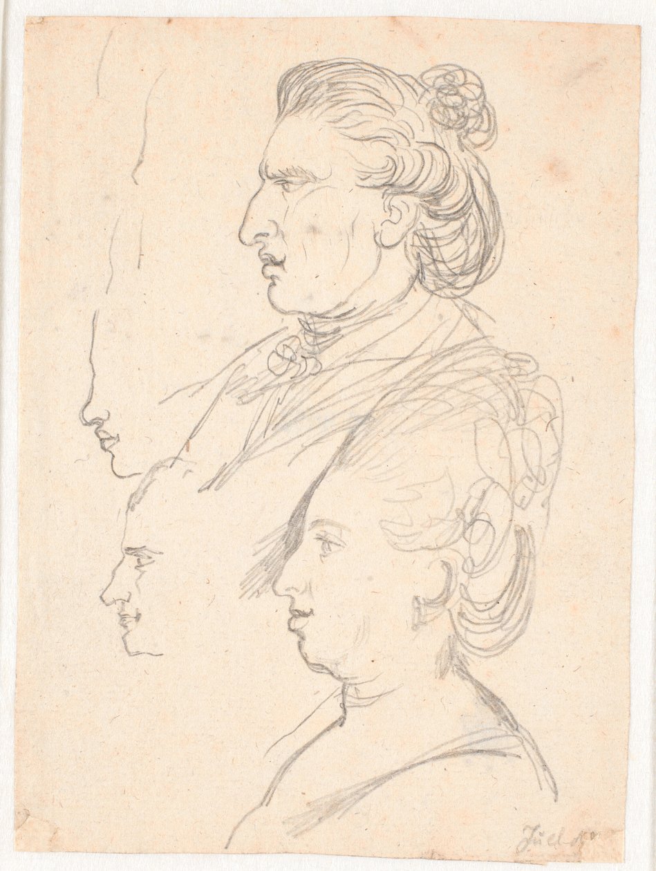 Caroline Mathilde királynő profilportréi, J.F. Struensee és Enevold Brandt, valamint egy draft, valószínűleg maga Juel. Minden a profilban balra alkotó: Jens Juel