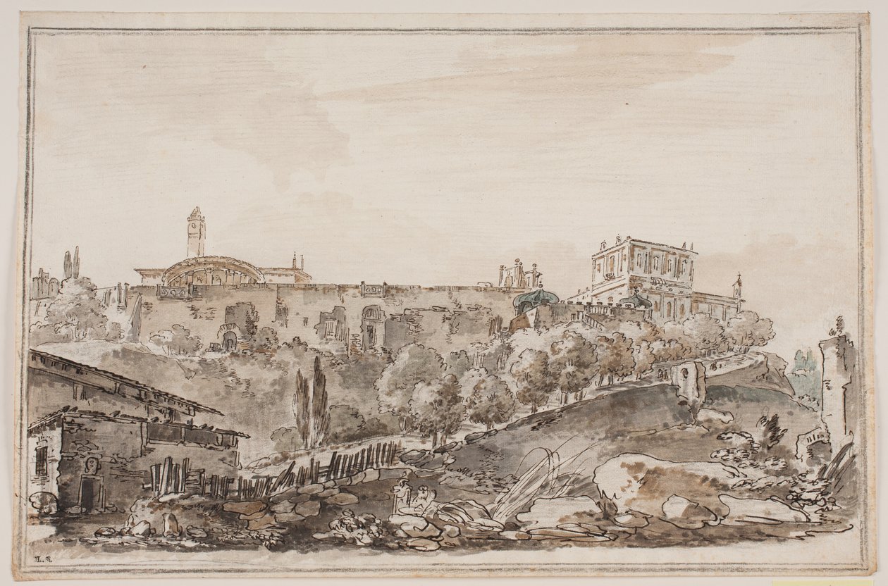Városi kilátás a palotával és a fallal körülvett templommal alkotó: Jens Petersen Lund