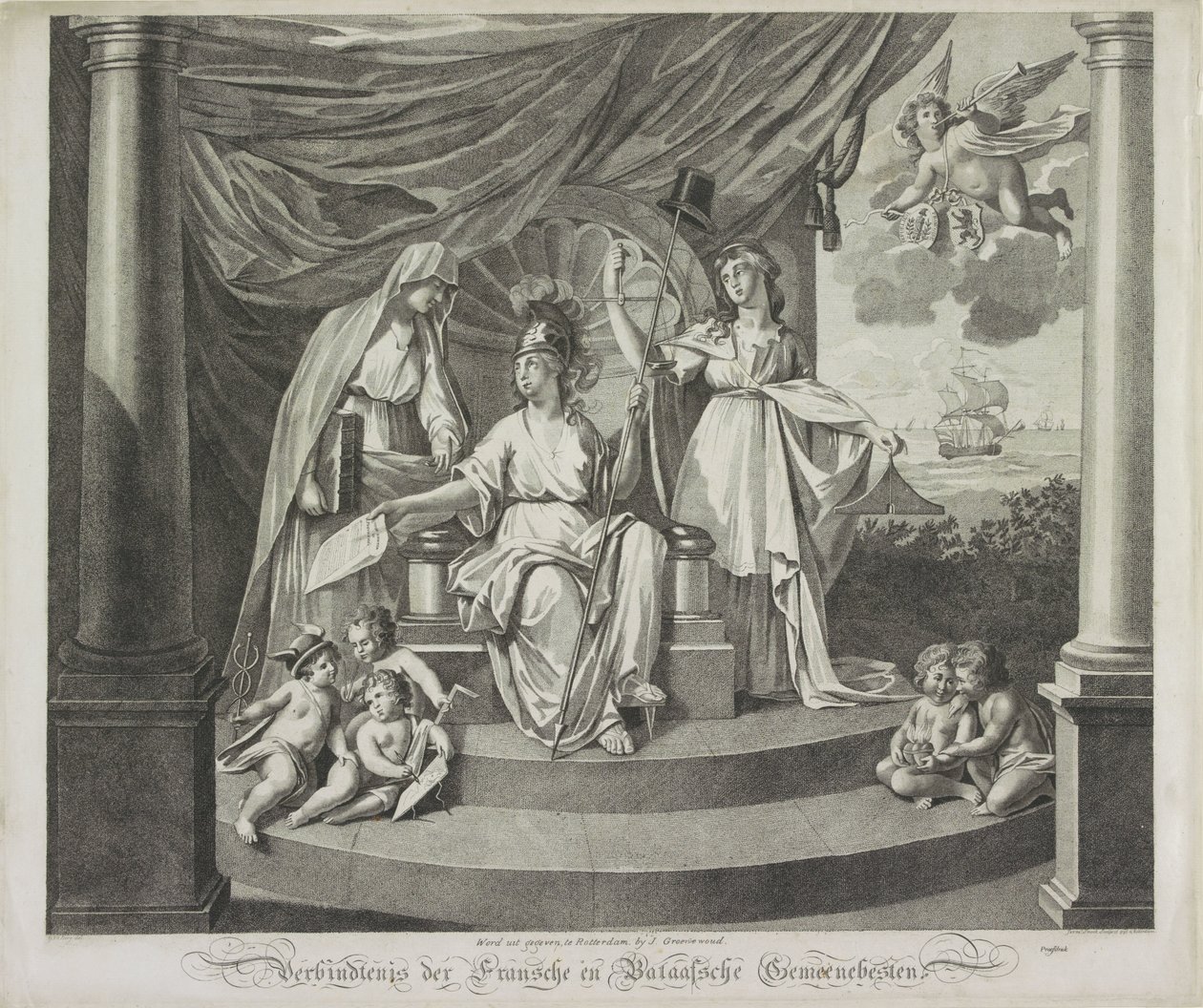 A Franciaországgal kötött szövetség allegóriája, 1795 A Francia és a Batáv Nemzetközösség kapcsolata (cím a tárgyon) alkotó: Jeremias Snoek