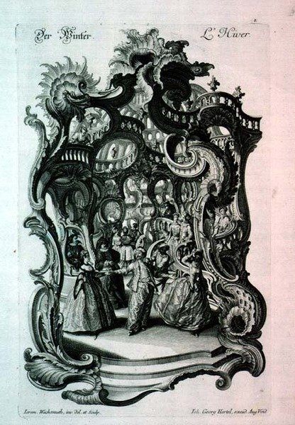Téli, rokokó kotta díszes bált, kocsmát ábrázolva. Johann Georg Hertel alkotó: Jeremias Wachsmuth