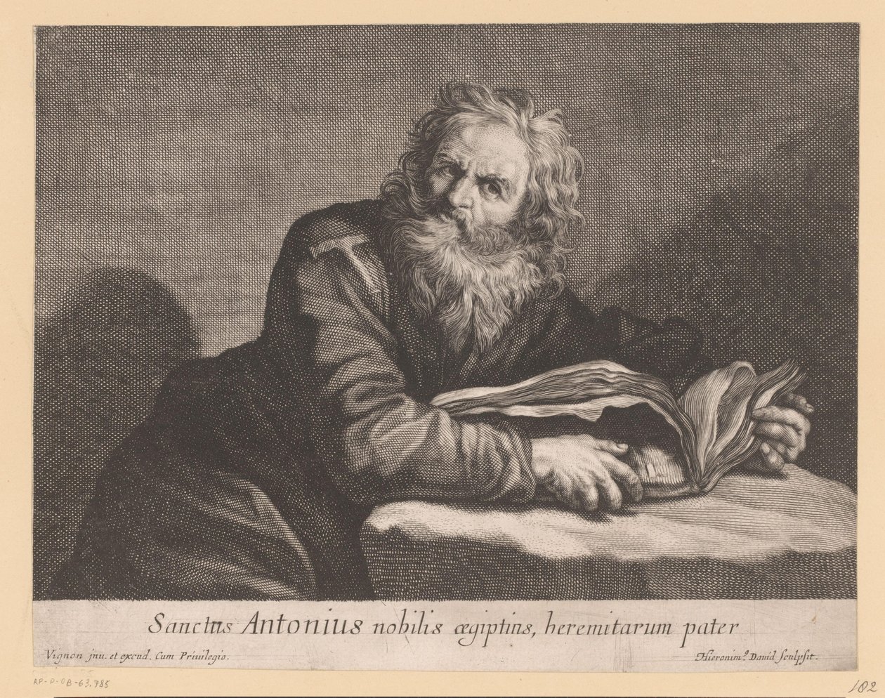 H. Antonius met een könyvet Szent Antal, az egyiptomi nemes, a remeték atyja (cím a tárgyon) alkotó: Jerôme David