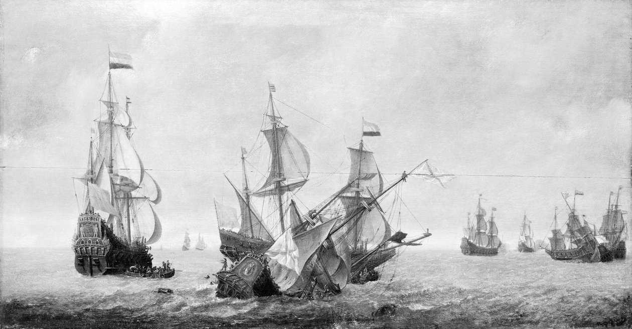 Az Eendracht hajó, balra az előtérben, holland zászló alatt. Olaj, vászon, 17. század közepe, Jeronimus van Diest (1631 körül - 1675 után) alkotása. alkotó: Jeronimus van Diest