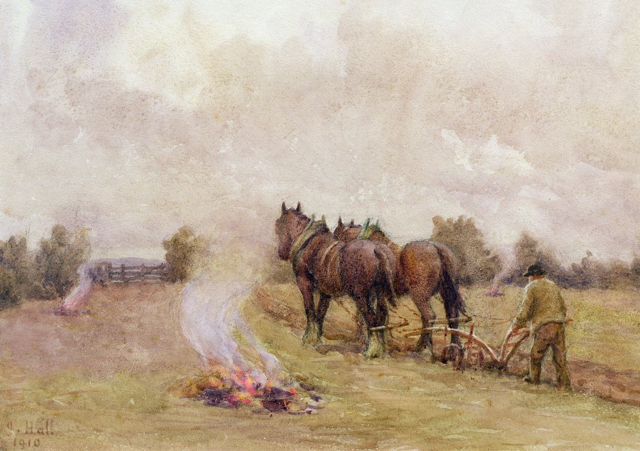 Szántó jelenet tüzekkel a mezőn, 1910 alkotó: Jessie Hall