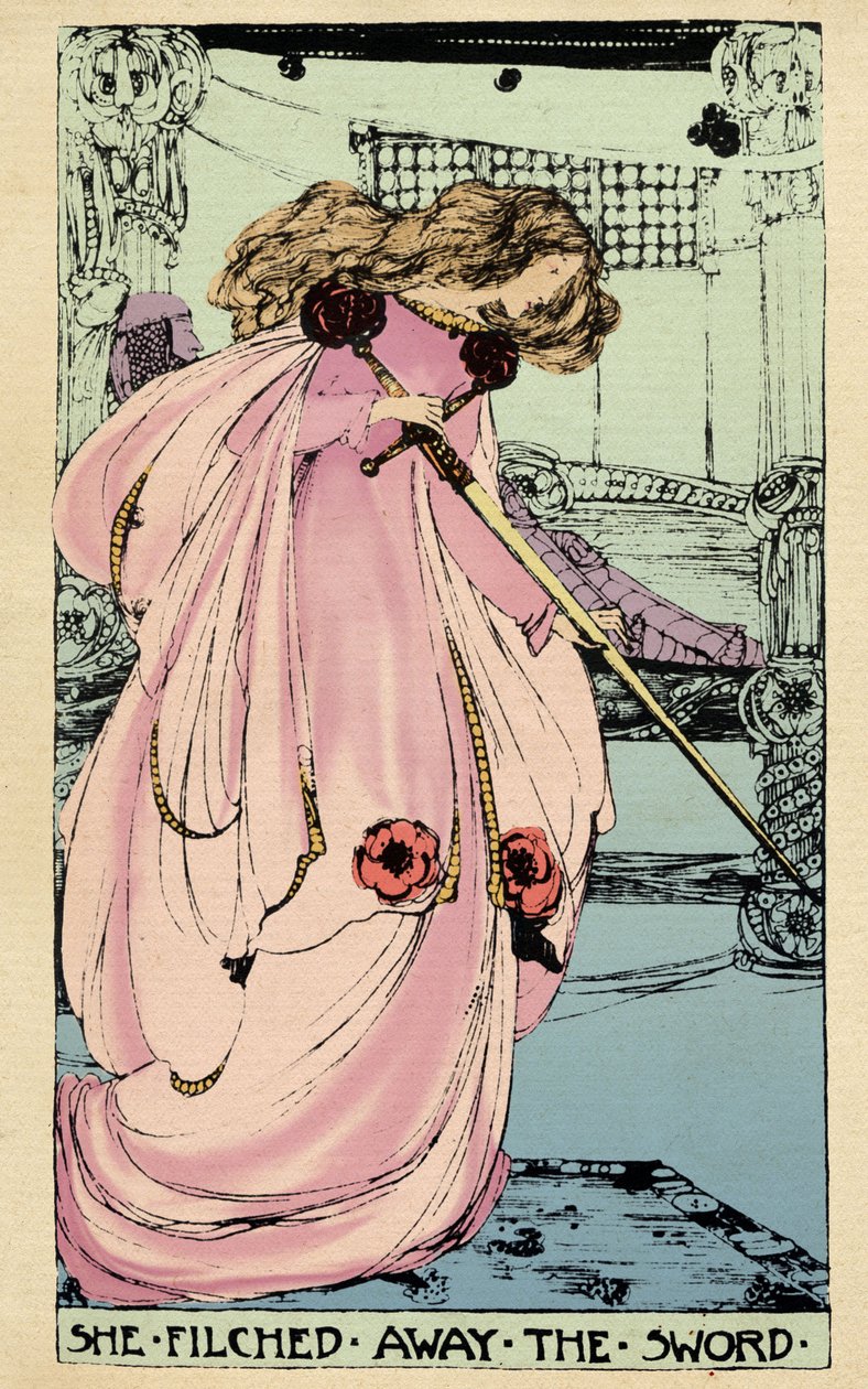 A Tündér Morgane ellopja az Excaliburt, hogy kedvese felhasználhassa Arthur király ellen. Illusztráció: Jessie Marion King (1875-1949) Sebastian Evans (1830) „A Szent Grál magas története Perceval, a walesi, a kerekasztal lovagja” című könyvéhez alkotó: Jessie Marion King
