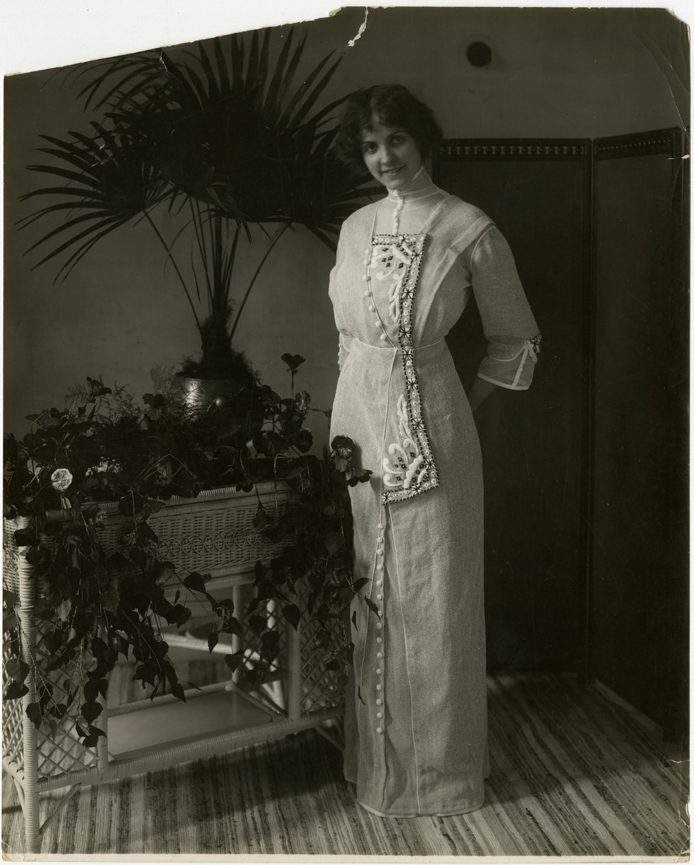 Szürke török anyag fekete-fehér hímzéssel, Lord & Taylor, 1905-1918 körül (zselatin ezüst fotó) alkotó: Jessie Tarbox Beals