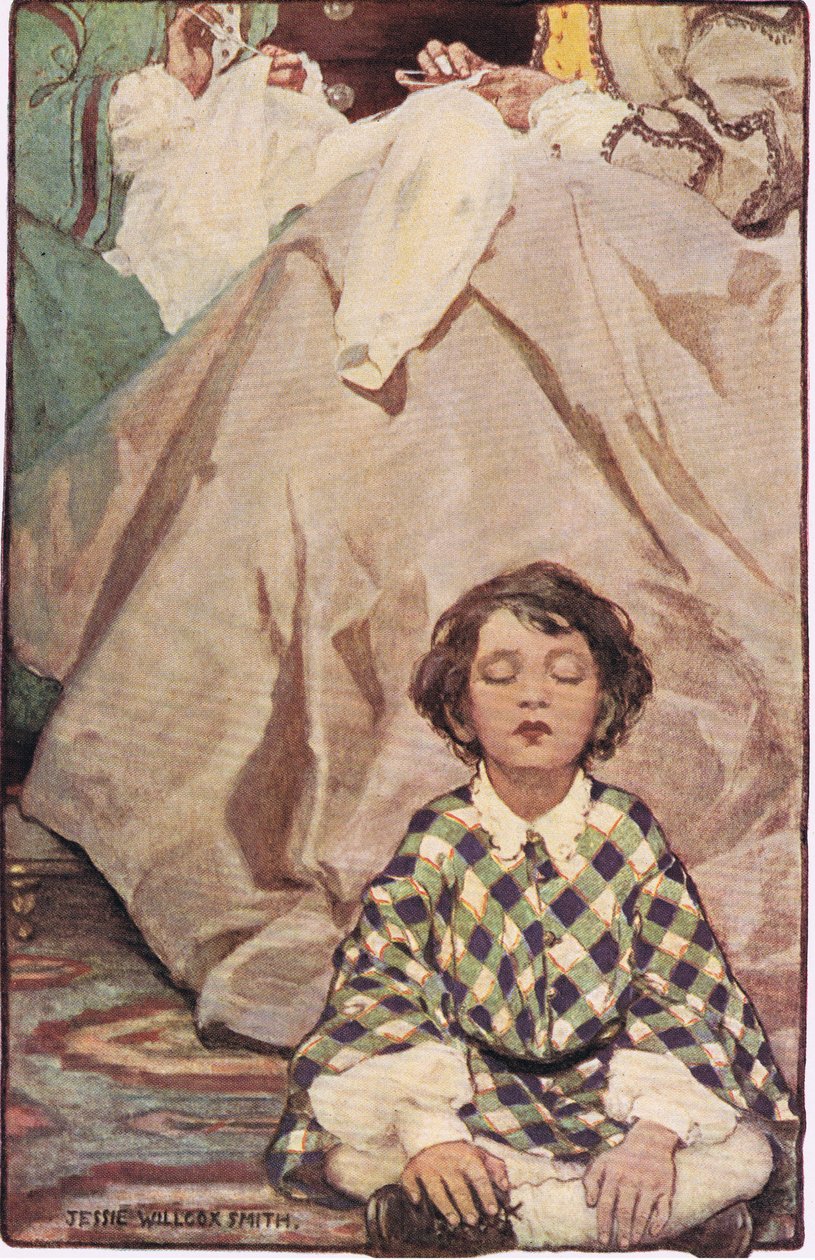 Varró nőkkel ülő gyermek, Robert Louis Stevenson „A gyermek versek kertjéből”, 1885-ben (színes litó) alkotó: Jessie Willcox Smith