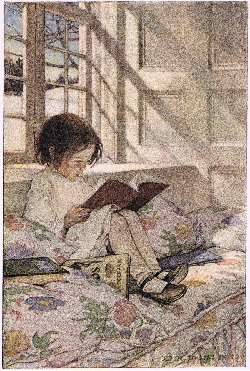 Egy lány olvas, Robert Louis Stevenson 1885-ben megjelent „A gyermek versek kertjéből” (színes litó) alkotó: Jessie Willcox Smith