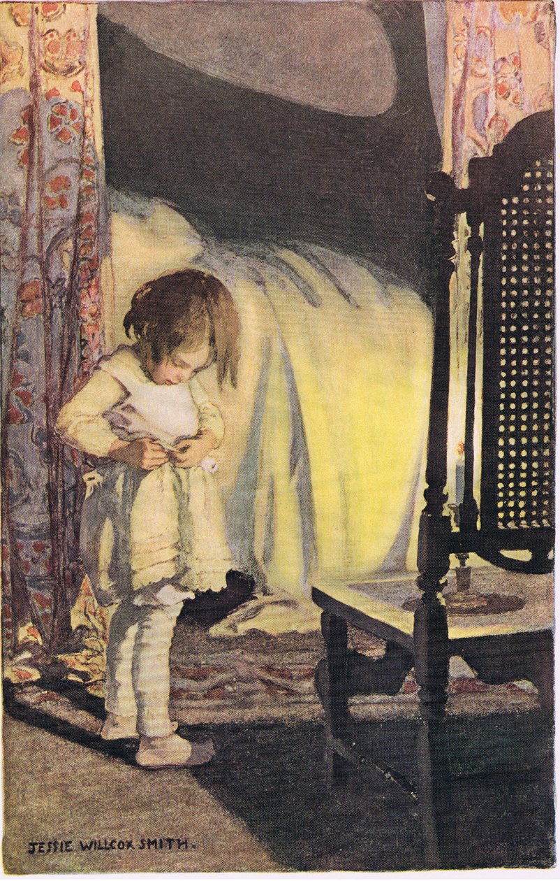 Egy fiatal lány vetkőzik, Robert Louis Stevenson 1885-ben megjelent „A gyermek versek kertjéből” (színes litó) alkotó: Jessie Willcox Smith