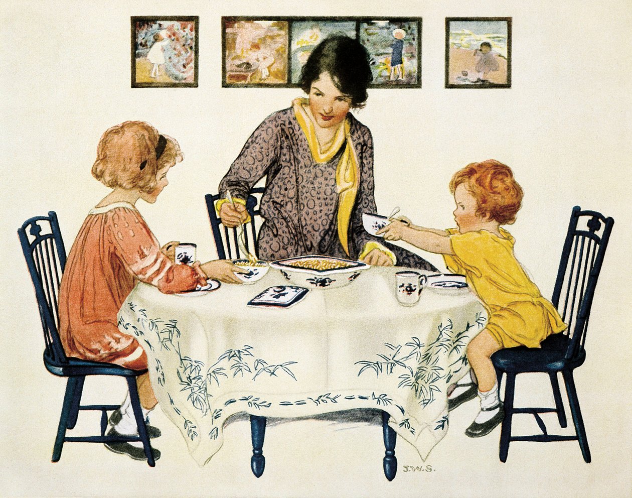 A család (anya és gyerekek) összegyűlt egy asztal körül, és tésztát eszik alkotó: Jessie Willcox Smith
