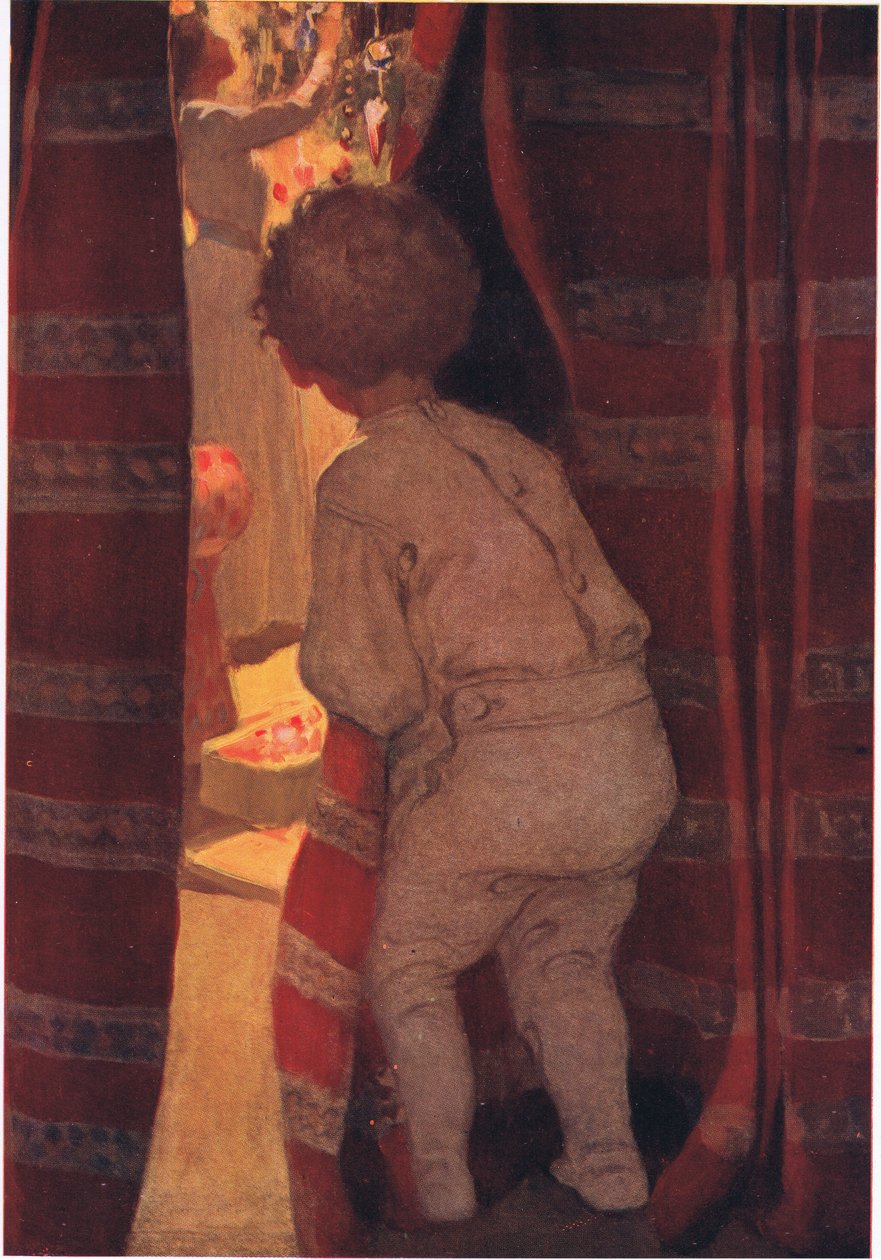 Leosont a földszintre, hogy bekukucskáljon a szalonba (színes litho) alkotó: Jessie Willcox Smith
