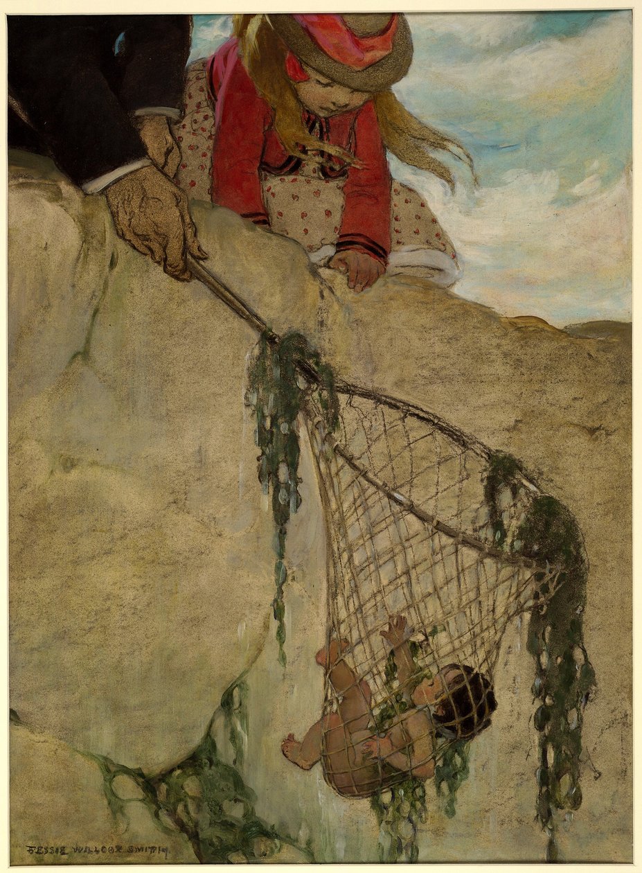 Nagyon nehéznek érezte a hálót Charles Kingsley The Water Babies című kocsmából. 1916 (színes litó) alkotó: Jessie Willcox Smith