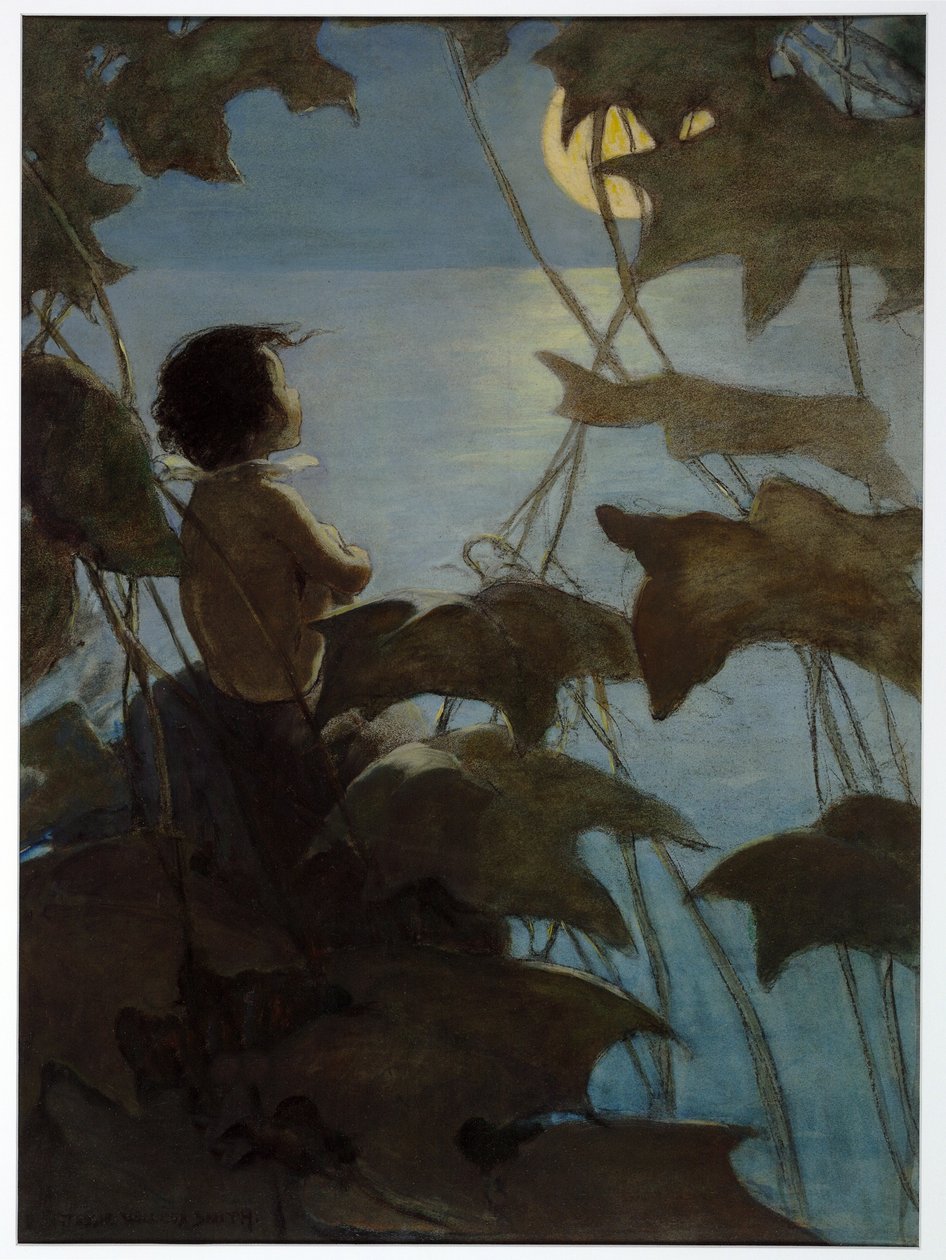 Felnézett a széles, sárga holdra, és azt hitte, hogy a lány őt nézi, Charles Kingsley kocsmából, a The Water Babies-ből. 1916 (színes litó) alkotó: Jessie Willcox Smith