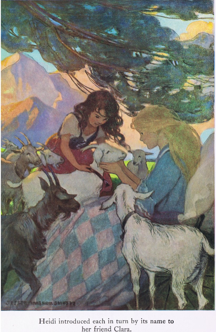 Heidi mindegyiket nevükön mutatta be barátnőjének, Clarának, illusztráció a „Heidi”-ből (színes litó) alkotó: Jessie Willcox Smith