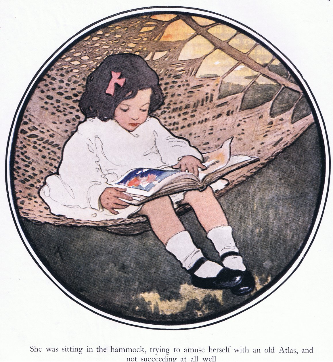 A függőágyban ült, egy régi atlaszsal próbálta szórakozni, de egyáltalán nem sikerült (színes litho) alkotó: Jessie Willcox Smith