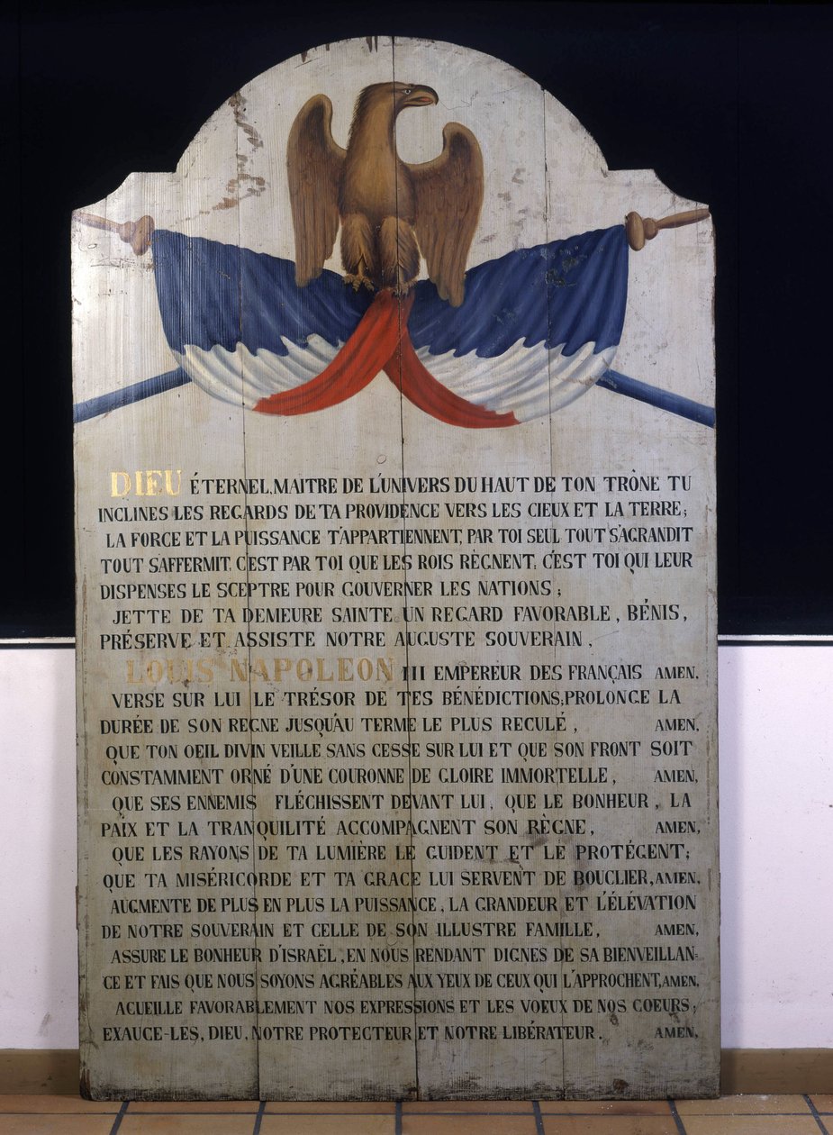 Felirat a fára: Zsidó imádság franciául Napóleon császárért III. 19. századi Elzász alkotó: Jewish School