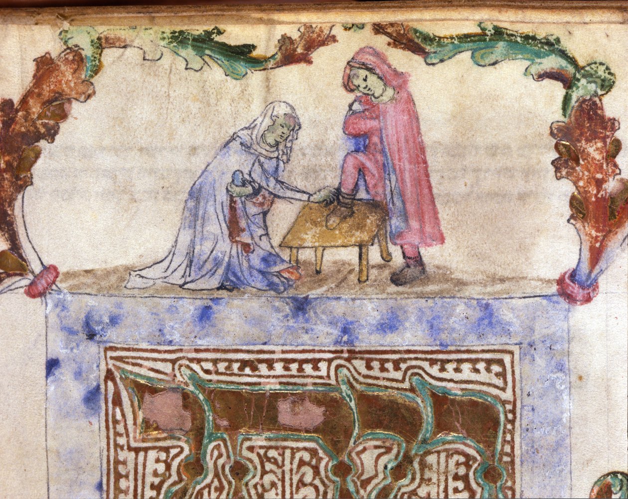 Judaizmus: Az utazó lábmosásának (mosás) héber rítusa. Miniatűr egy 14. századi héber kéziratból. Biblioteca Palatina, Parma alkotó: Jewish School