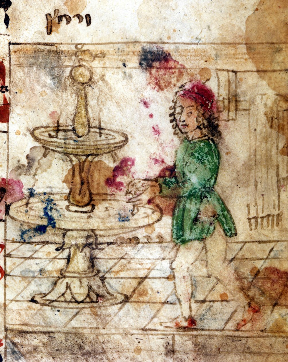 Judaizmus: rituális tisztálkodás. Miniatűr héber nyelvű Machazor oldaláról. 15. század. Biblioteca Palatina, Parma alkotó: Jewish School