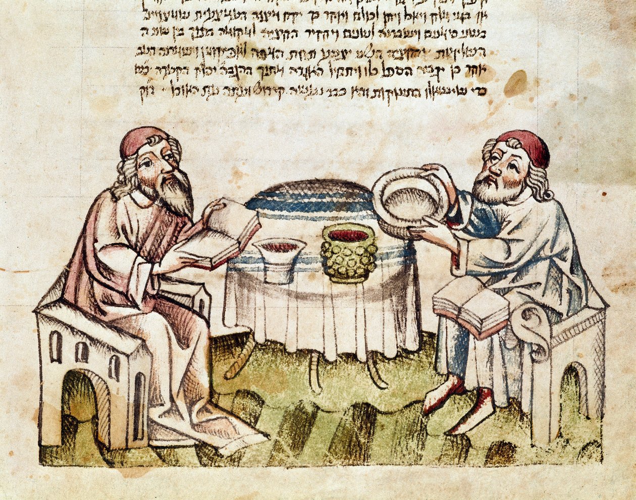 Judaizmus: „” két rabbi a széder szertartásával ünnepli a húsvétot”” Miniatűr Mahzorból (héber imakönyv) 15. századi Parma, Biblioteca Palatina alkotó: Jewish School