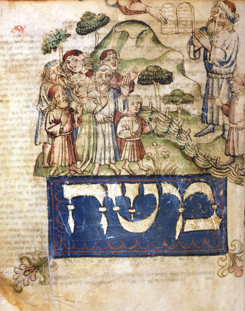 Mózes megkapja a törvény tábláit (és Mózes héberül ír). Miniatűrök egy 14. századi héber Bibliából. Héber Múzeum alkotó: Jewish School