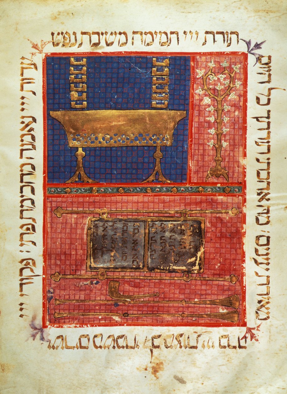 Egy héber Biblia kéziratának oldala. Az istentisztelet tárgyai. 14. századi világítás. alkotó: Jewish School