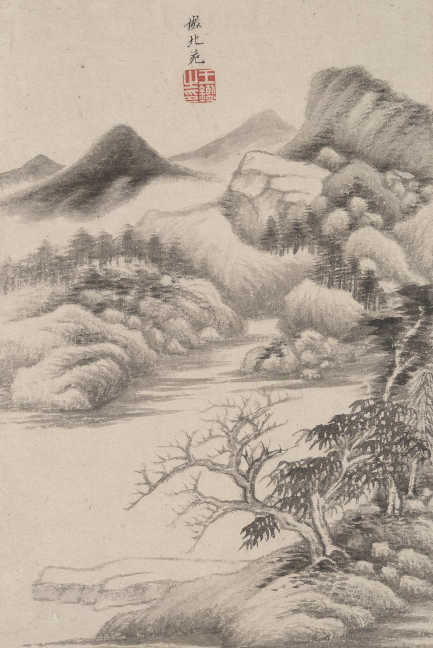 Táj különböző régi mesterek stílusában: Dong Yuan stílusában, 1669 (tinta és szín a papíron) alkotó: Wang Jian
